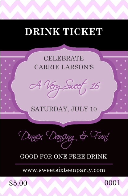 Sweet Sixteen Purple Chevron Drink Ticket