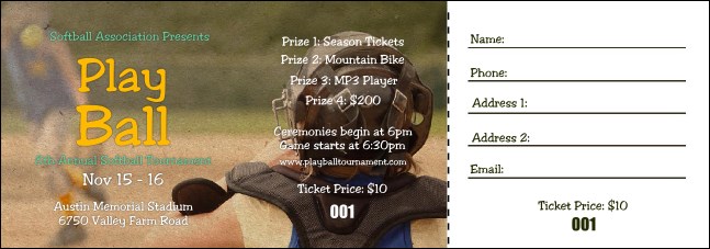 Youth Softball Raffle Ticket Product Front